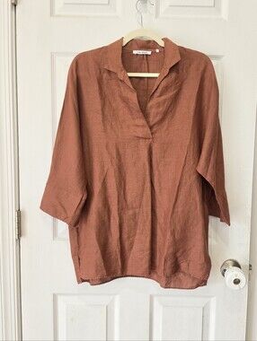 Caliban Italy 100% Linen Rust Terracotta V-Neck Pullover Blouse Shirt Size 42 L